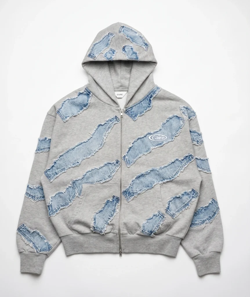 bluza caire zip hoodie szare z denimowymi naszywkami patchami jeans