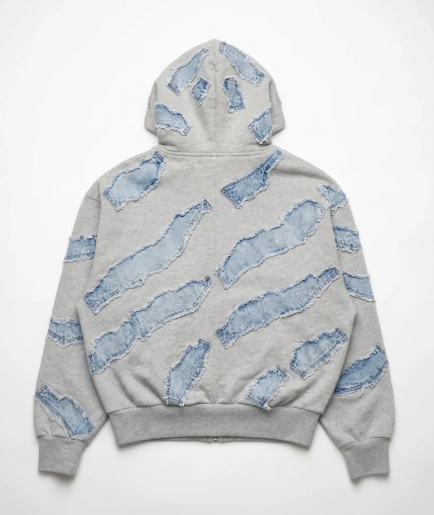 Zip hooodie bluza z kapturem z denimowymi naszywkami jeansowymi